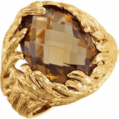 651688:100:P Sterling Silver Yellow Gold Plated Checkerboard Honey Quartz Leaf Ring 