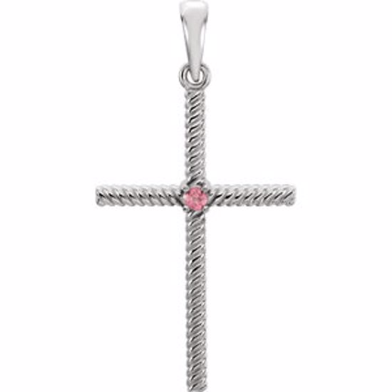 R42329:6018:P 14kt White Pink Tourmaline 31.95x16.3mm Rope Design Cross Pendant 