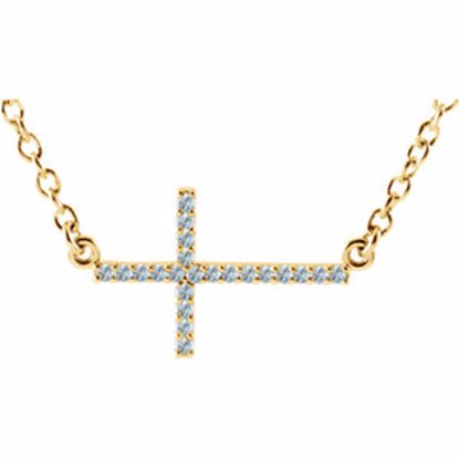 R42323:60007:P 14kt Yellow Aquamarine Sideways Cross 16-18" Necklace 