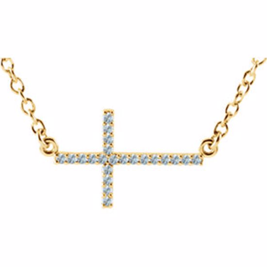 R42323:60007:P 14kt Yellow Aquamarine Sideways Cross 16-18" Necklace 