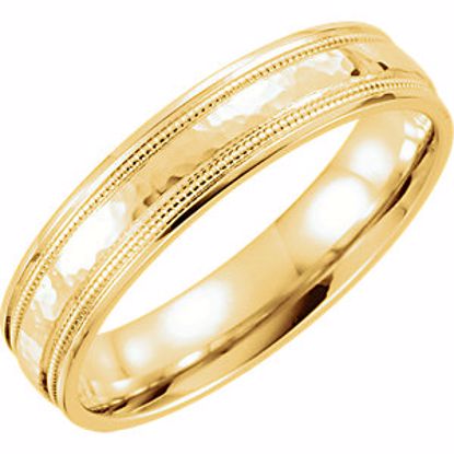 51541:153:P 14kt Yellow 5mm Flat Edge Comfort Fit Milgrain Hammer Finish Band Size 9