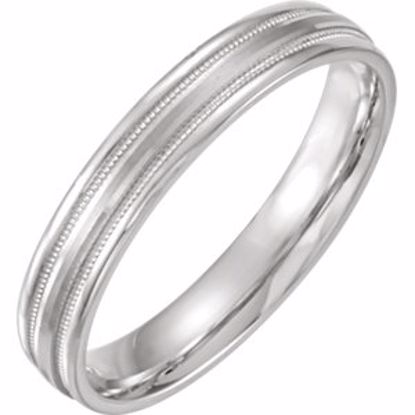 51538:100:P 14kt White 4mm Flat Edge Comfort Fit Milgrain Satin Finish Band Size 5