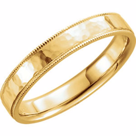 51537:145:P 14kt Yellow 4mm Flat Comfort Fit Milgrain Hammer Finish Band Size 5