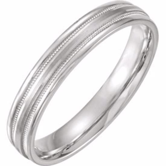 51538:108:P 14kt White 4mm Flat Edge Comfort Fit Milgrain Satin Finish Band Size 9