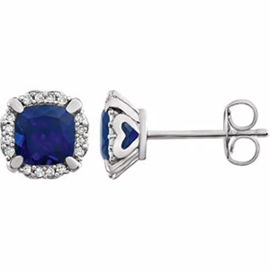 651954:60009:P 14kt White Created Blue Sapphire & 1/10 CTW Diamond Earrings