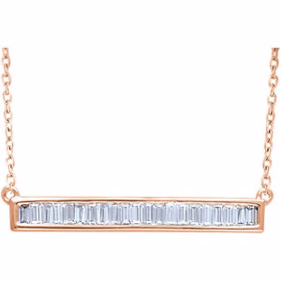 651885:60002:P 14kt Rose 1/2 CTW Diamond Baguette 16-18" Bar Necklace