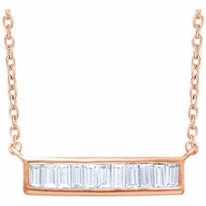 651885:60005:P 14kt Rose 1/4 CTW Diamond Baguette 16-18" Bar Necklace