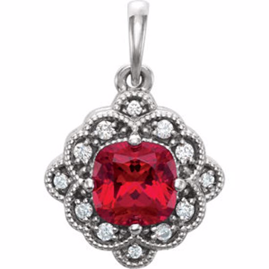 86269:6001:P 14kt White Chatham® Created Ruby & .03 CTW Diamond Pendant