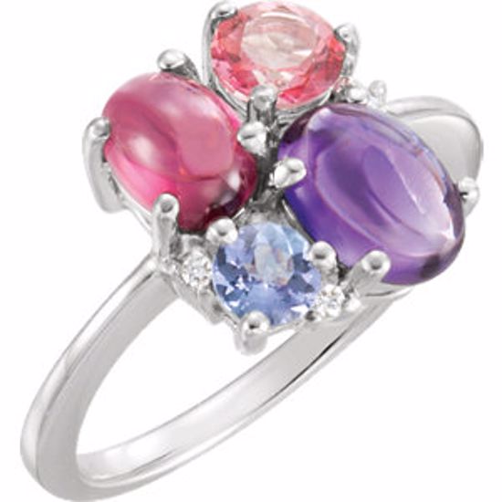 71368:60000:P 14kt White Amethyst, Rhodolite Garnet, Pink Topaz, Tanzanite & .03 CTW Diamond Multi-Shape Cluster Ring