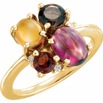 71368:60001:P 14kt Yellow Rhodolite Garnet, Citrine, Smoky Quartz & .03 CTW Diamond Multi-Shape Cluster Ring