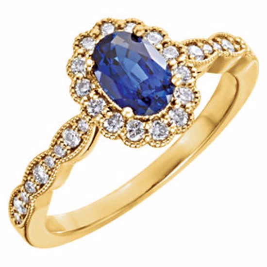 71795:6001:P 14kt Yellow Chatham® Created Blue Sapphire & 3/8 CTW Diamond Ring