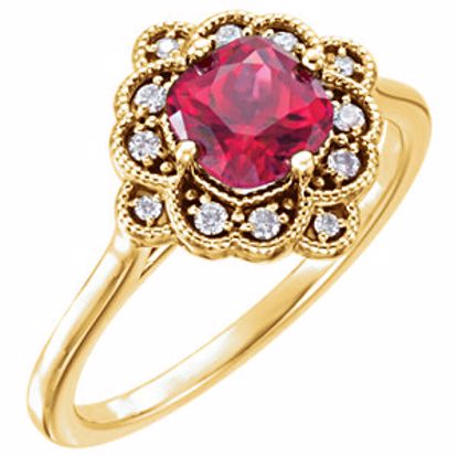 71794:6001:P 14kt Yellow Chatham® Created Ruby & 1/10 CTW Diamond Halo-Style Ring 