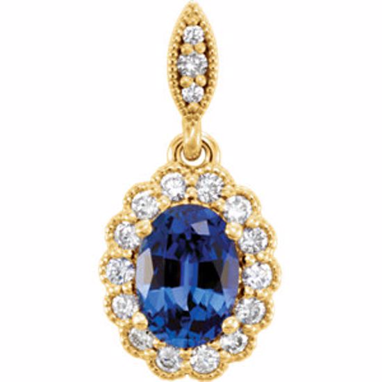 86279:6001:P 14kt Yellow Created Blue Sapphire & 1/5 CTW Diamond Pendant