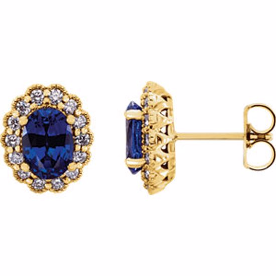 86278:6001:P 14kt Yellow Chatham Created Blue Sapphire & 3/8 CTW Diamond Earrings 