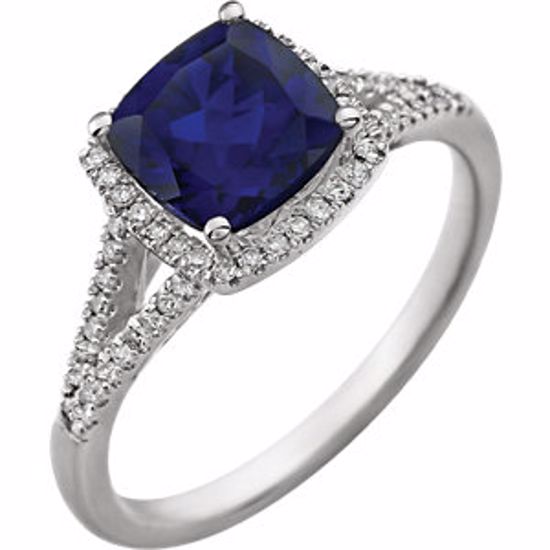 652046:60003:P 14kt White Created Blue Sapphire & 1/5 CTW Diamond Ring