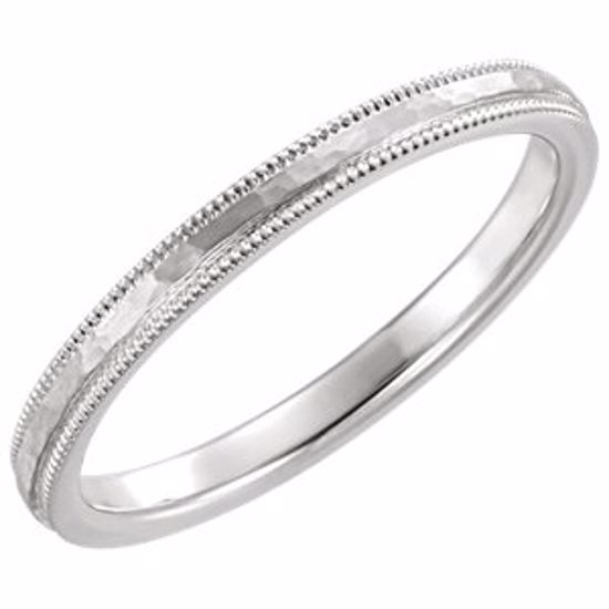 51533:107:P 14kt White Flat Milgrain Comfort Fit Satin & Hammer Finish 2mm Band Size 7 
