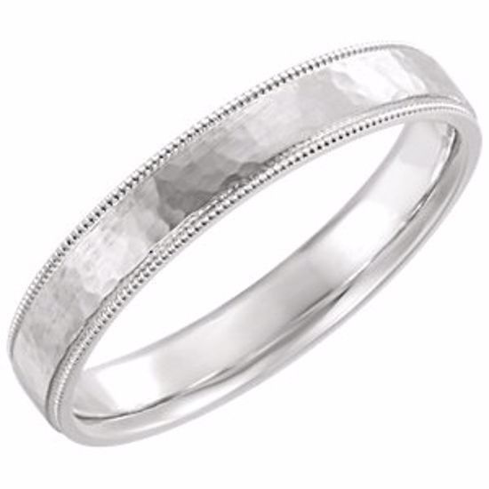 51533:307:P 14kt White Flat Milgrain Comfort Fit Satin & Hammer Finish 4mm Band Size 7 