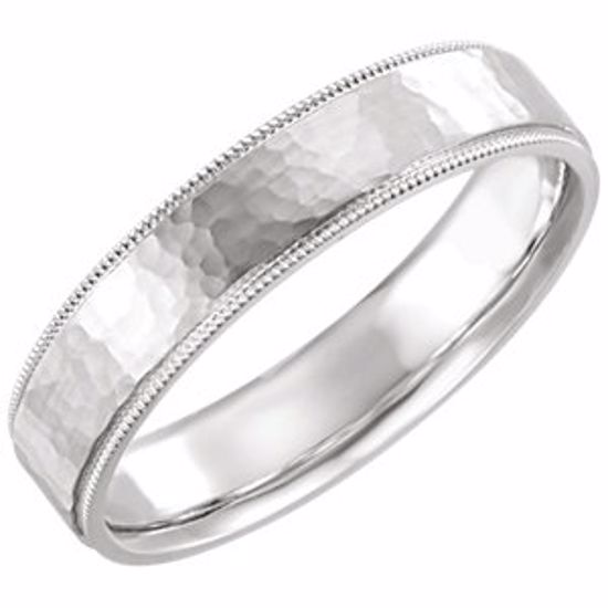 51533:511:P 14kt White Flat Milgrain Comfort Fit Satin & Hammer Finish 5mm Band Size 11 
