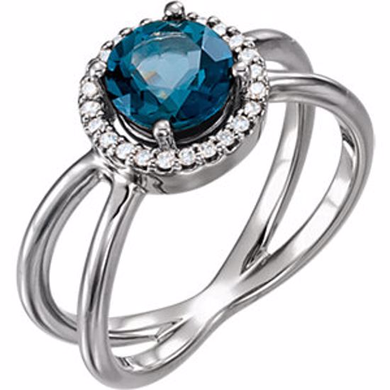 71822:600:P 14kt White London Blue Topaz & 1/8 CTW Diamond Halo-Style Ring