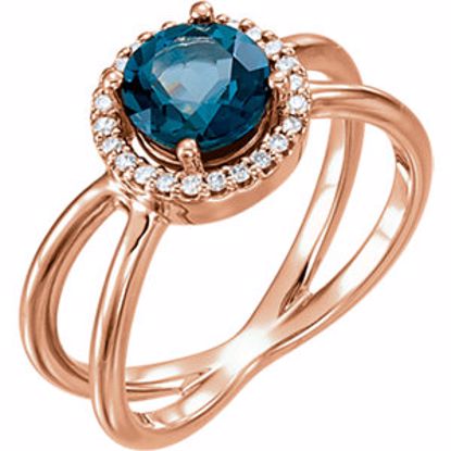 71822:602:P 14kt Rose London Blue Topaz & 1/8 CTW Diamond Halo-Style Ring