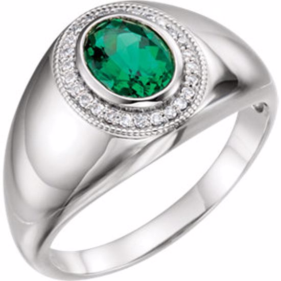 9837:603:P Sterling Silver Chatham® Created Emerald & 1/8 CTW Diamond Ring