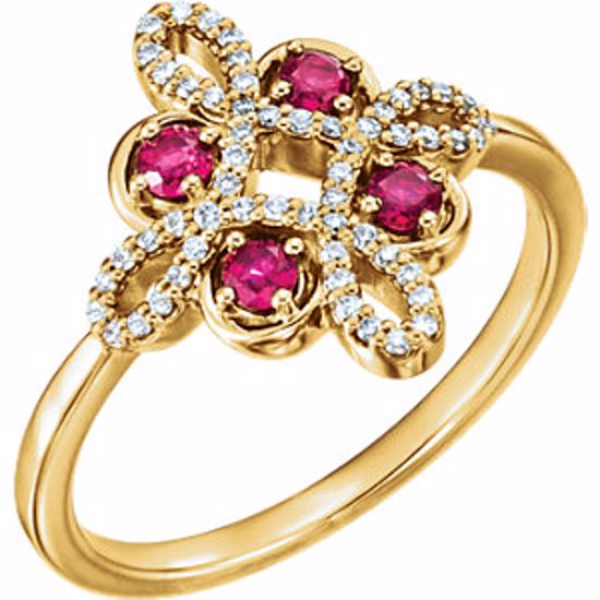 71825:601:P 14kt Yellow Ruby & 1/6 CTW Diamond Clover Ring