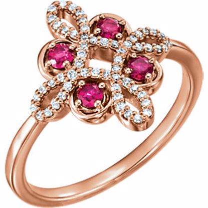 71825:602:P 14kt Rose Ruby & 1/6 CTW Diamond Clover Ring