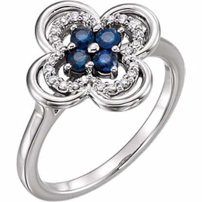 122879:600:P 14kt White Blue Sapphire & 1/10 CTW Diamond Clover Ring